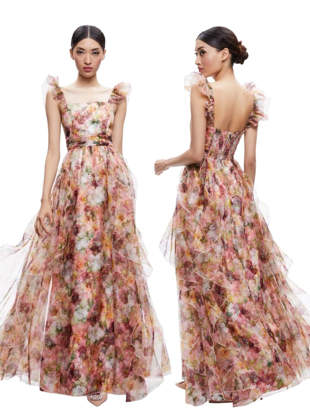 New Alice + Olivia Jasmina Floral Ruffle Maxi Gown Pink Size 14